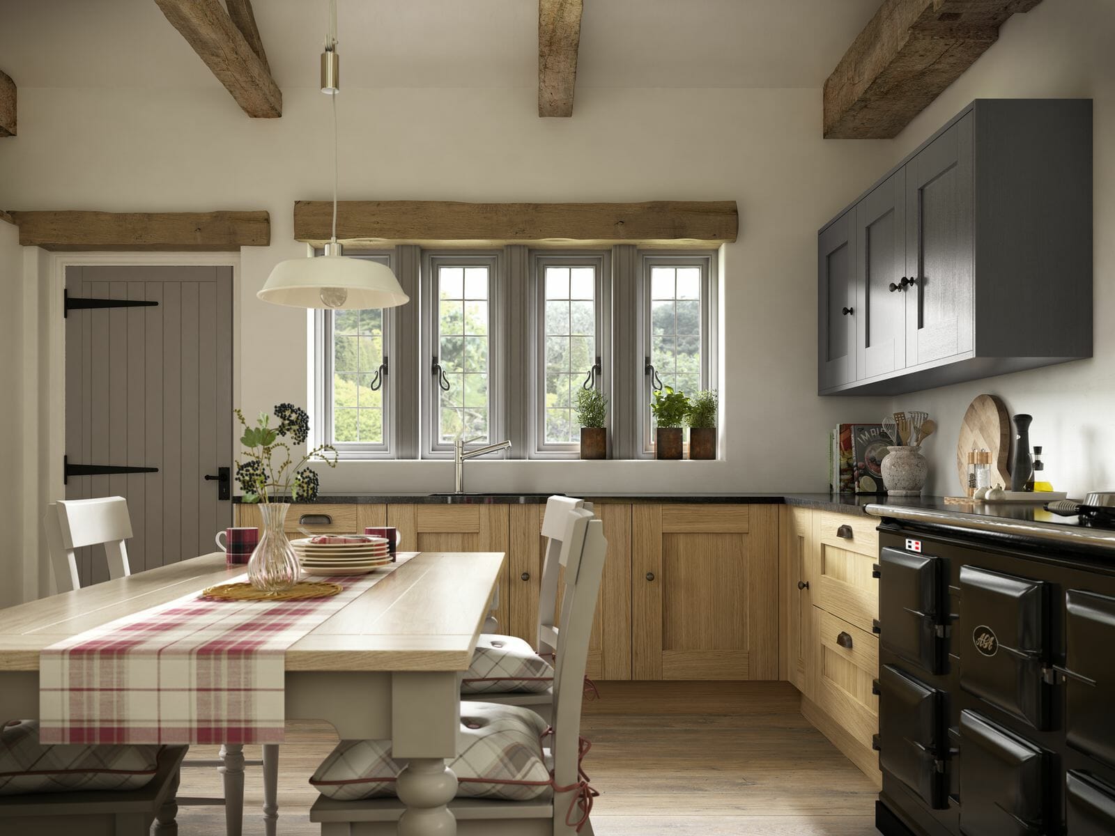 Dark grey and wooden in frame kitchen