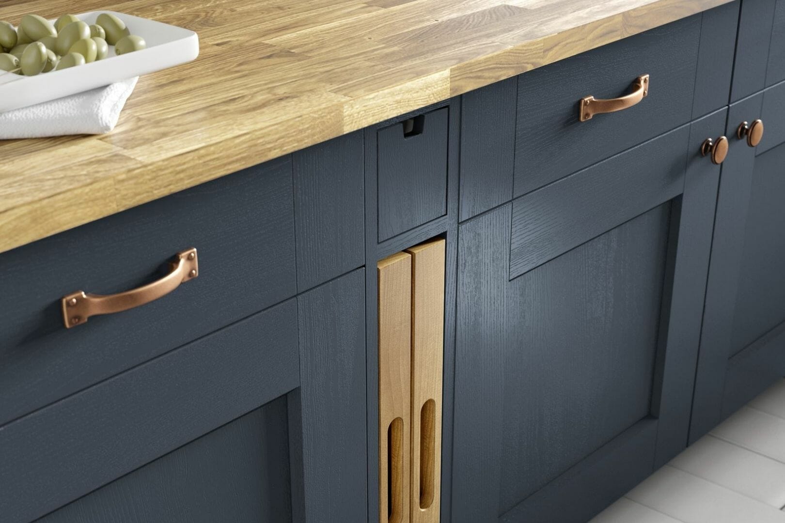 Navy an copper kitchen