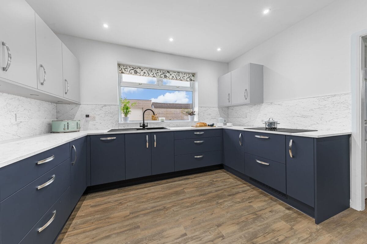 Blue & Light Grey Modern Handled Kitchen in Ulverston Blue and White Kitchen