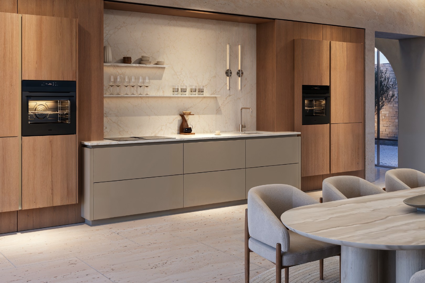 handleless kitchen in grey and wood with open shelving